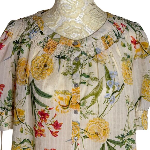 Rose + Olive Smocked Blouse Shirt Top Floral Print Beige Yellow S - Picture 2 of 7